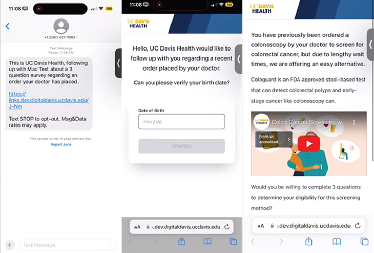 Three snapshots of text messaging people receive to remind them for screenings.