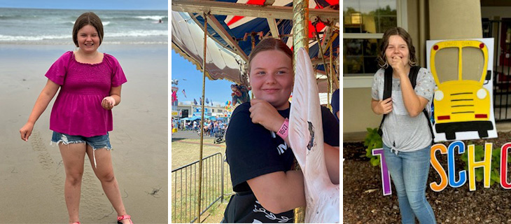 Left to right: Jaelyn at the beach, on a carousel, in school.