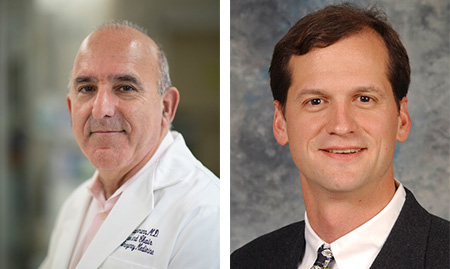 Two photos of men. A balding man with lab coat on the left side and man with brown hair and black suit on the right side. 