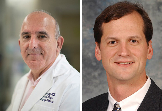 Two photos of men. A balding man with lab coat on the left side and man with brown hair and black suit on the right side. 