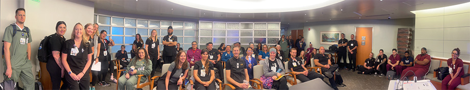 Group of people sitting and standing in rows wearing hospital scrubs.