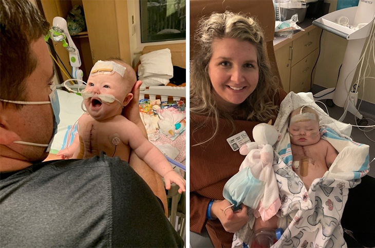 Man with blue mask holds newborn baby in the hospital. Woman holds baby wrapped in a blanket in the hospital.