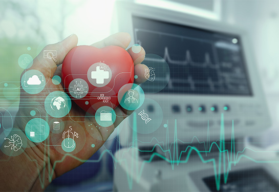 A hand holds a model of a heart in front of medical device&#x2019;s digital screen