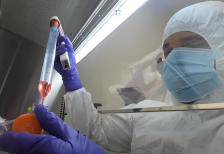 A scientist in white gown, blue mask and purple gloves is adding light red media to a conical tube.