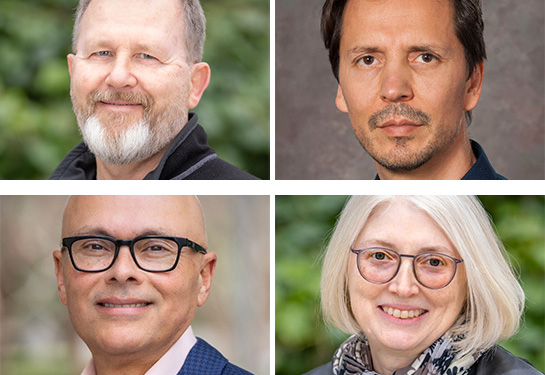 Headshot photos of professors Andreas Bäumler, Emanual Maverakis, Luis Fernando Santana and Rene Tsolis