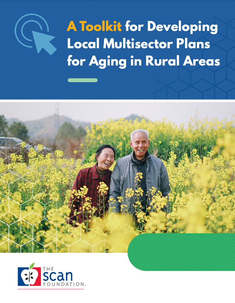 Booklet cover with title, “Toolkit for Developing Multisector Plans for Aging in Rural Areas,” and older adult couple walking through field of flowers