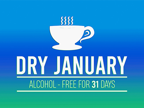 The words “Dry January, Alcohol-free for 31 days” are in white against a blue and green background