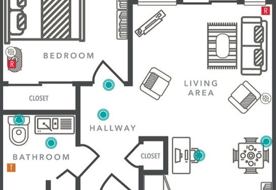 Diagram of a home floorplan showing where sensors, in blue, are placed