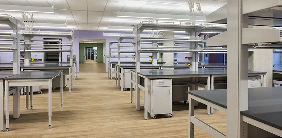 A spacious, modern laboratory with new workstations, shelving and overhead utility connections, ready for scientific research and experimentation in a brightly lit environment.