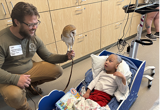 A man holds an owl while a child in a wagon looks at it. 