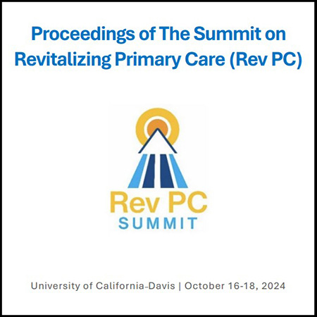 A logo made of blue letters on white background that states: “Proceedings of The Summit on Revitalizing Primary Care (Rev PC)”