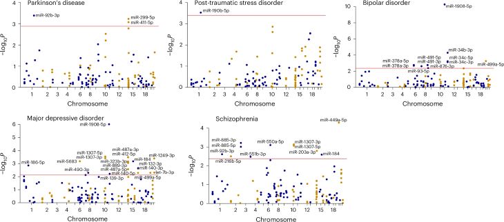  Graphs show microRNA associated with Parkinson’s disease, post-traumatic stress disorder, bipolar disorder and other conditions.
