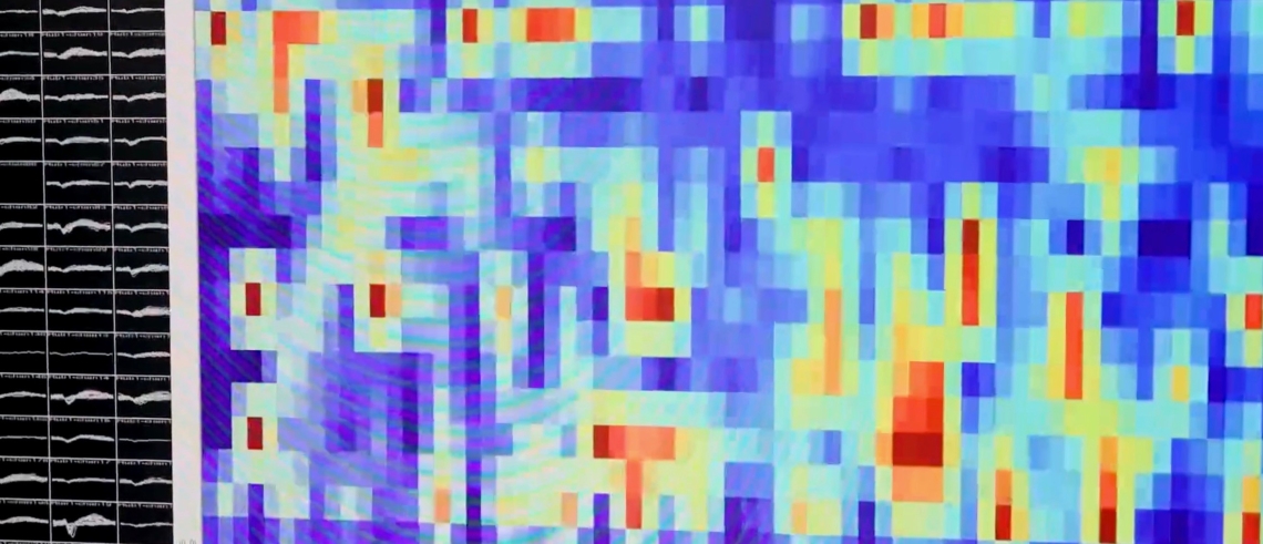 An image on a screen displays colorful data.