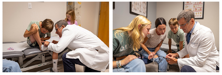 Two photos in exam room: Doctor in white coat looking at boy's leg; doctor, mother, daughter and son looking at x-ray