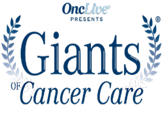 A horizontal graphic with a partial leaf wreath and the words “OncLive presents” and “Giants of Cancer Care”