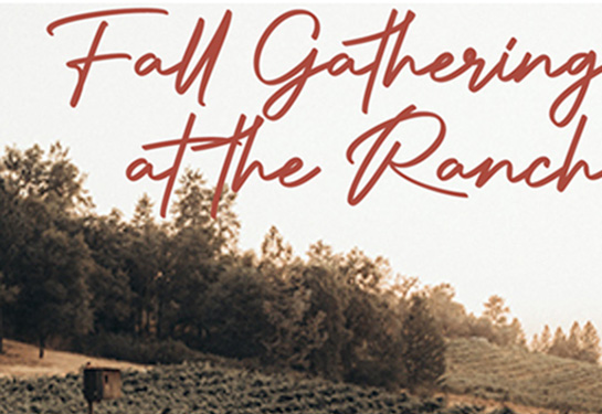 Image of rows of grapes planted on hillside with text "Fall Gathering at the Ranch"