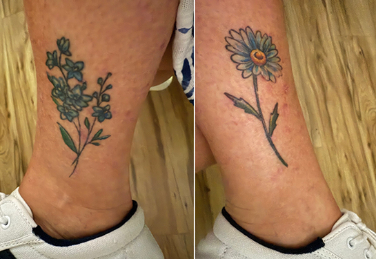 A pair of tattoos, one on each ankle.