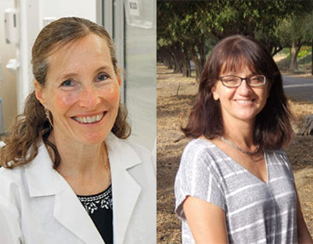 Two female researchers in two separate photos - one with a white coat, one without.