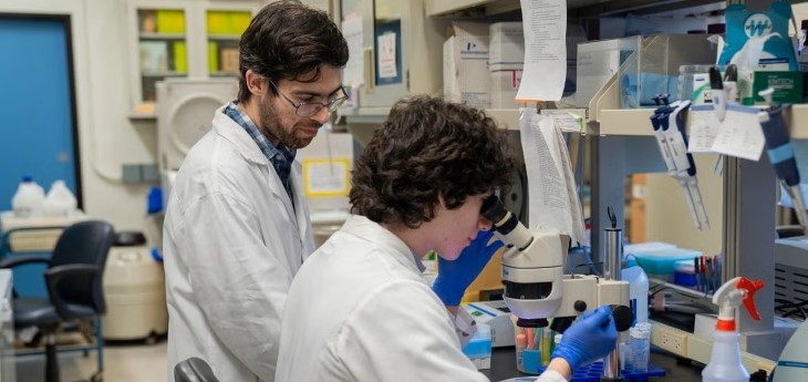 A person with dark curly hair seated at a lab bench looks into a microscope; another person with a beard and glasses wearing a white lab coat looks on