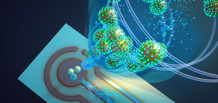 Colored spheres with surface projections swirl towards an electronic circuit on a board. 