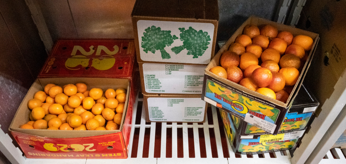 A refrigerator shelf filled with boxes of oranges, grapefruits and vegetables.