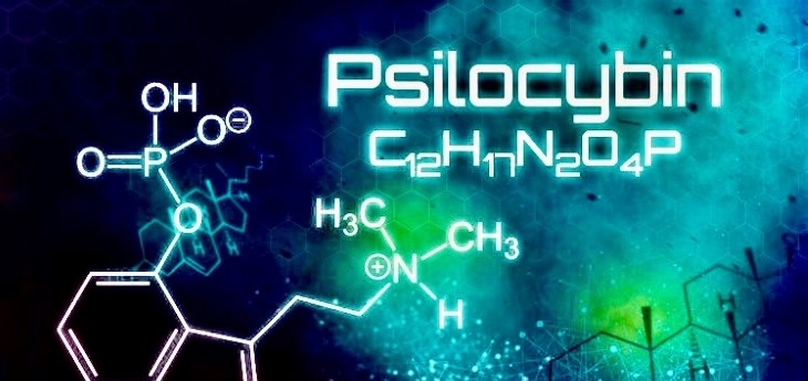 The word “Psilocybin” and its chemical composition are displayed in white against a dark background.