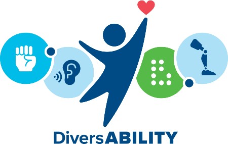DiversABILITY graphic with icons symbolizing braille, amputee devices, sign language and hearing aids