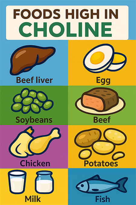 A colorful infographic of food high in choline, including beef liver, egg, soybeans, beef, chicken, potatoes, milk and fish.