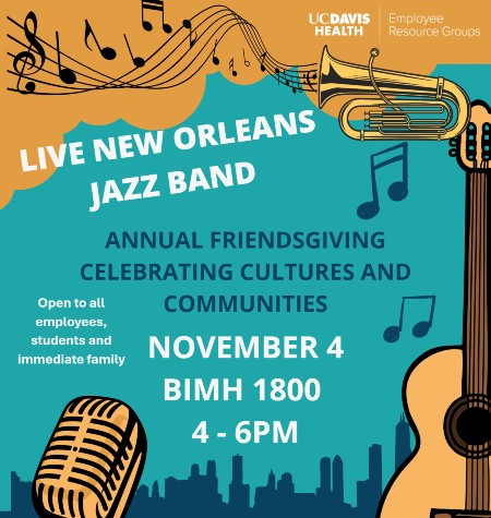 Friendsgiving event flier image with bright orange and teal colored imagery