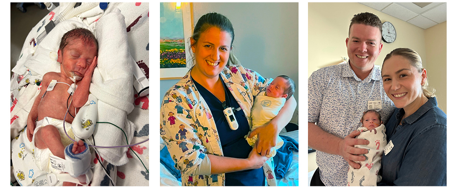 Three photos: Left to right - Newborn baby in a white knit hat with a blue stripe swaddled in white blanket with lions on it and a medical device on over her mouth; nurse in blue scrubs with a white scrub coat with cartoon people printed on it holding a newborn swaddled in a white blanket; man in blue and white speckled shirt with a woman in a long sleeved jean shirt holding a newborn swaddled in a white blanket with colored footprints on it.