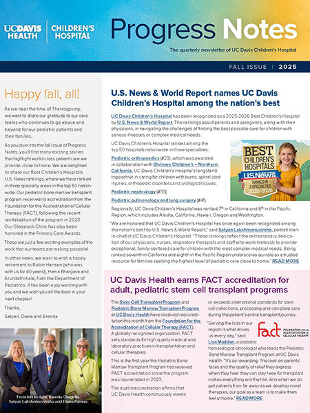 Front cover of Progress Notes newsletter shows three news stories and a photo of a child holding a US News badge.