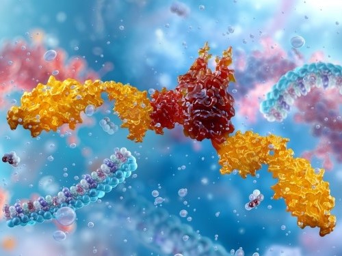 A 3D illustration of immune modulation showing a representational Immune checkpoint protein in orange and terracotta against a blue background. 