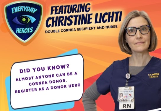 A woman in blue scrubs against a colorful graphic background with blocks of text promoting Eye Donation Month