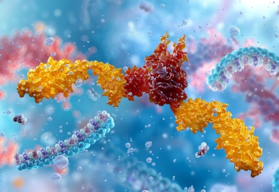 A 3D illustration of immune modulation showing a representational Immune checkpoint protein in orange and terracotta against a blue background. 