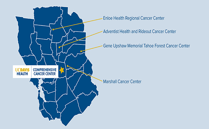 Blue map of Northern California that shows the locations of all four cancer care network sites.