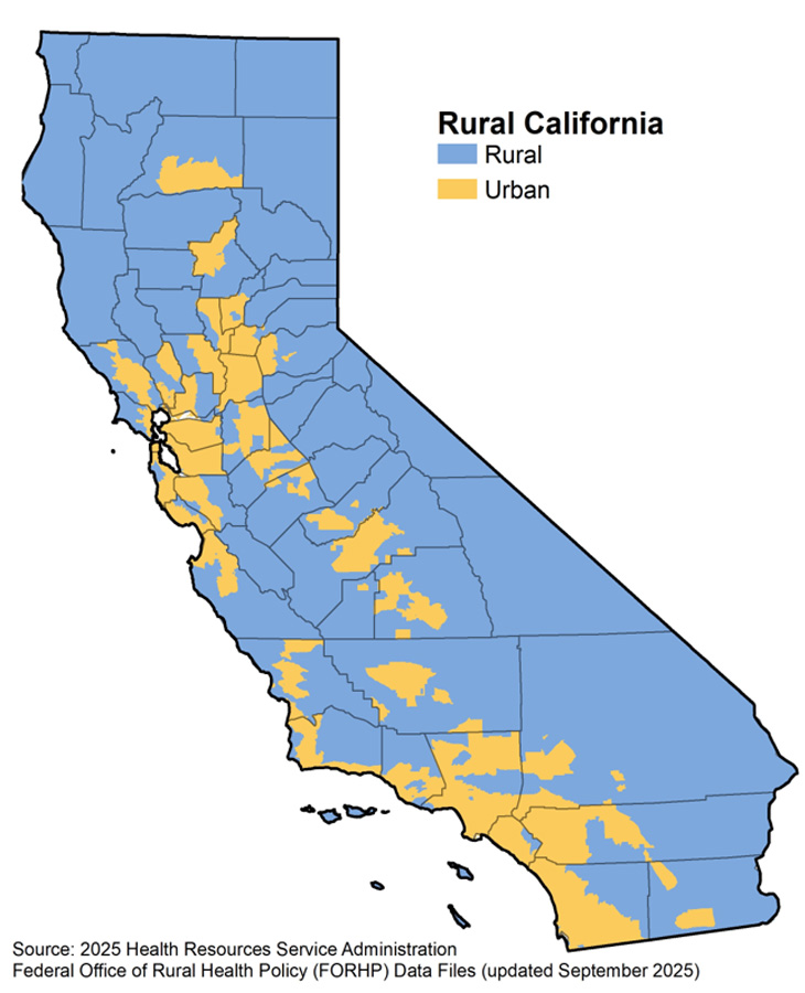 Map of California highlighting rural (blue) and non-rural (yellow) census tracts.