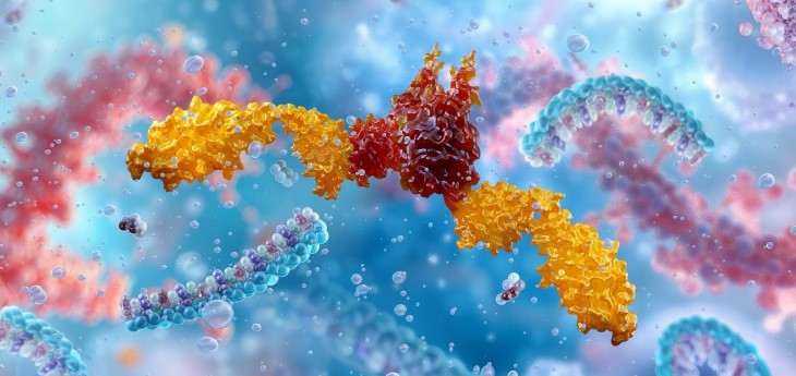 A 3D illustration of immune modulation showing a representational Immune checkpoint protein in orange and terracotta against a blue background.