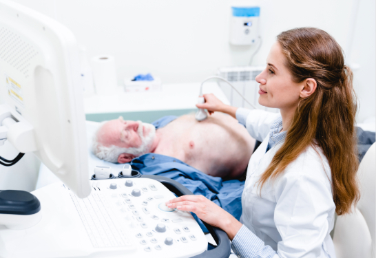 Doctor makes echocardiography of male patient using ultrasound probe pressing on patient chest.