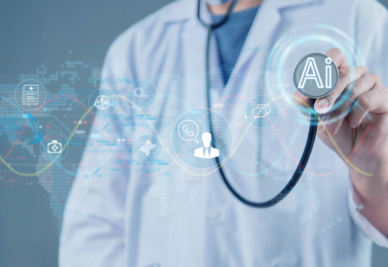 AI health care concept with a doctor holding a stethoscope, digital icons and futuristic technology background.