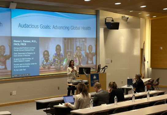 A person presents a lecture to an audience seated in a university lecture hall with a large projected slide on the screen.