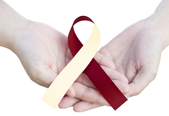 Head and neck cancer awareness ribbon (burgundy and ivory) held in hand on white background