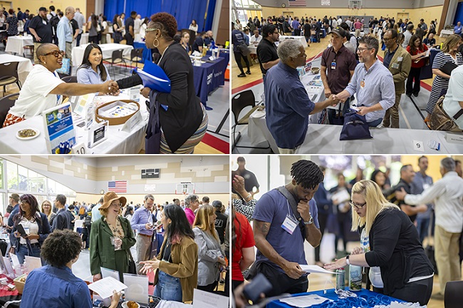 A collage of pictures showing people visiting booths at a resource fair.