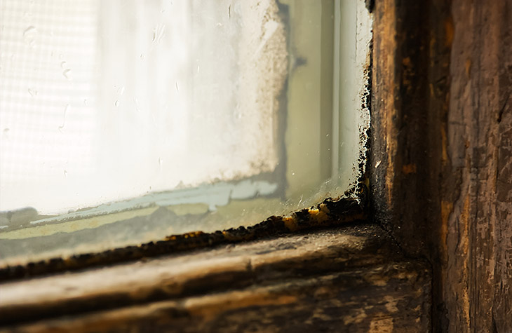 A close-up view of an old wooden windowpane with peeling caulk and dirty and grime on the window and sill. 