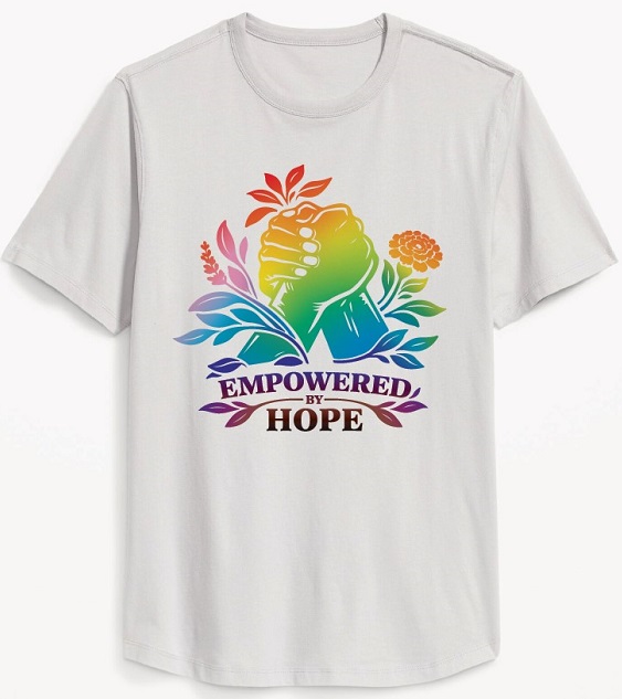 A white t-shirt with the theme Empowered by hope printed on it with two hands held together with rainbow colors