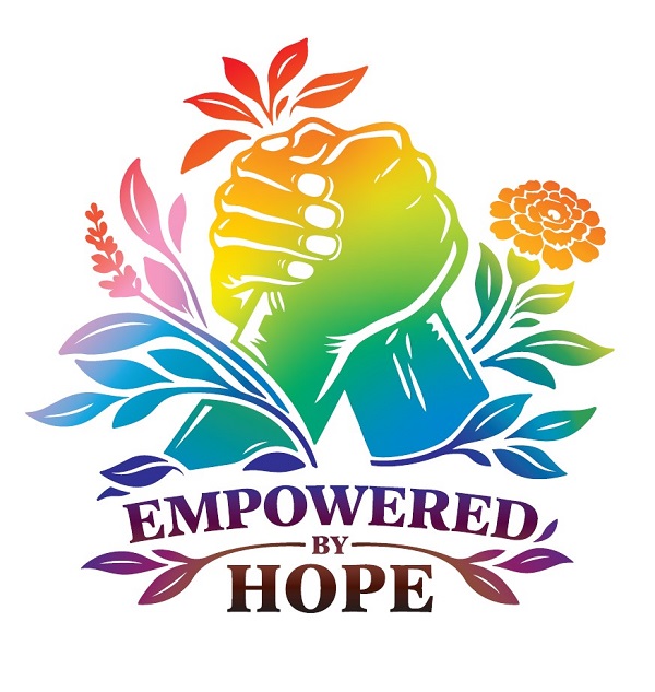 A graphic showing two hands held together with the words Empowered by Hope in rainbow colors