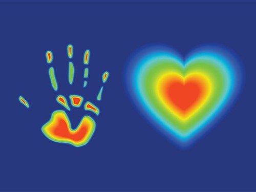 Thermal-style image of a handprint and a glowing heart on a blue background.