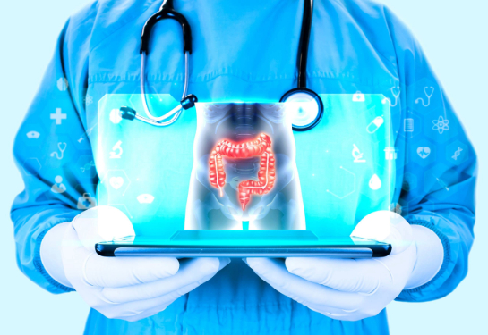 Doctor wearing a stethoscope holds a tablet projecting the human large intestine on the screen.