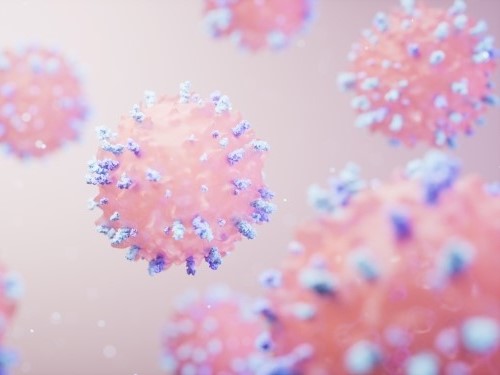 A 3D illustration of pink immune cells with blue spikes floating against a soft, light background.