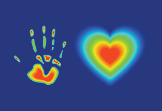 Thermal-style image of a handprint and a glowing heart on a blue background.