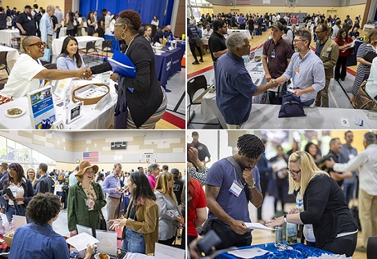 A collage of a recent resource fair with many people visiting tables to get information
